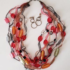 Necklace & Earring Set Glass Beads, Ribbon, metal